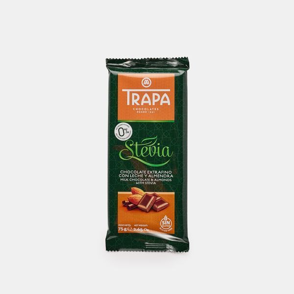 Молочний шоколад Trapa Stevia з мигдалем 75гр 23726 фото
